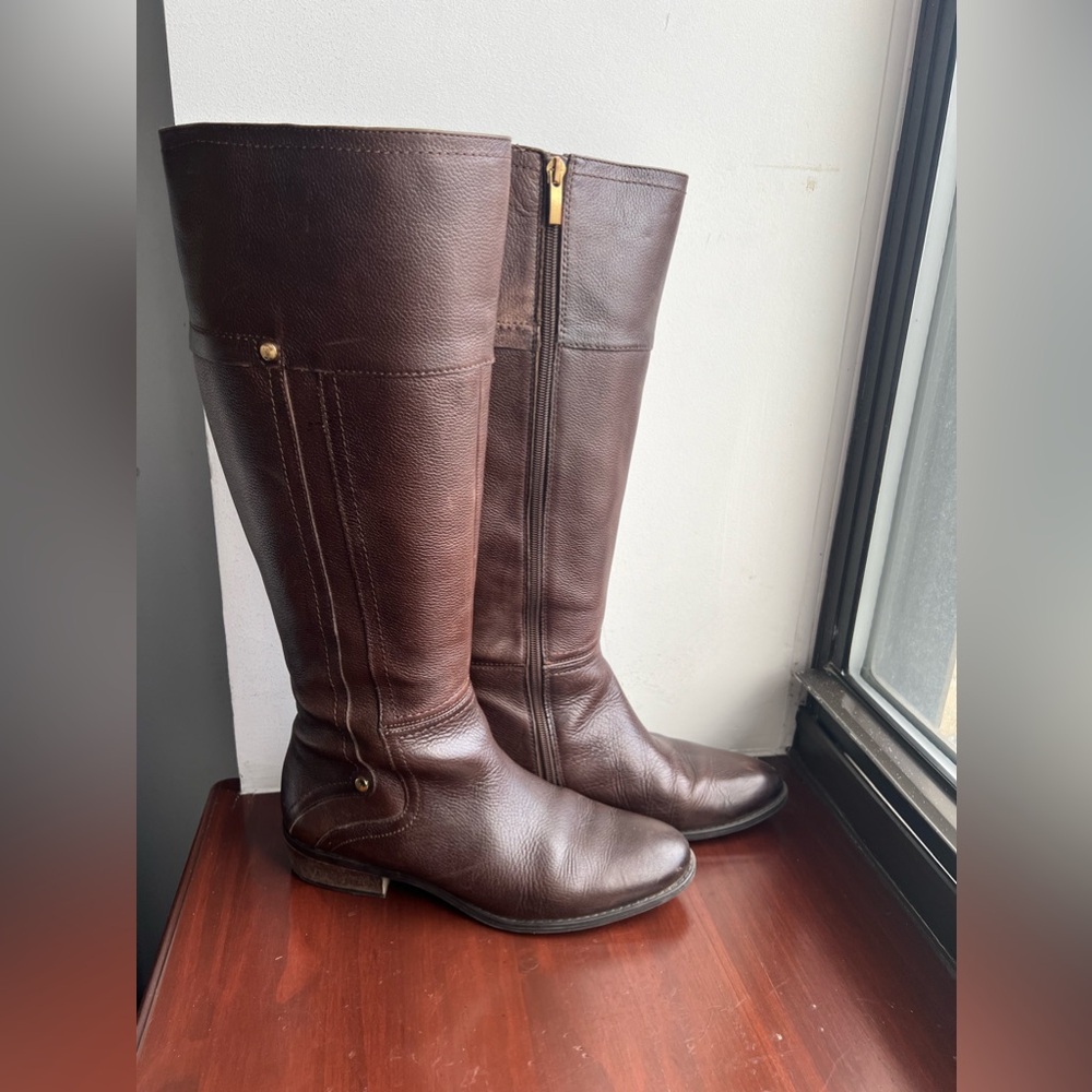 Tall Brown Leather Low Heel Boots - size 8.5